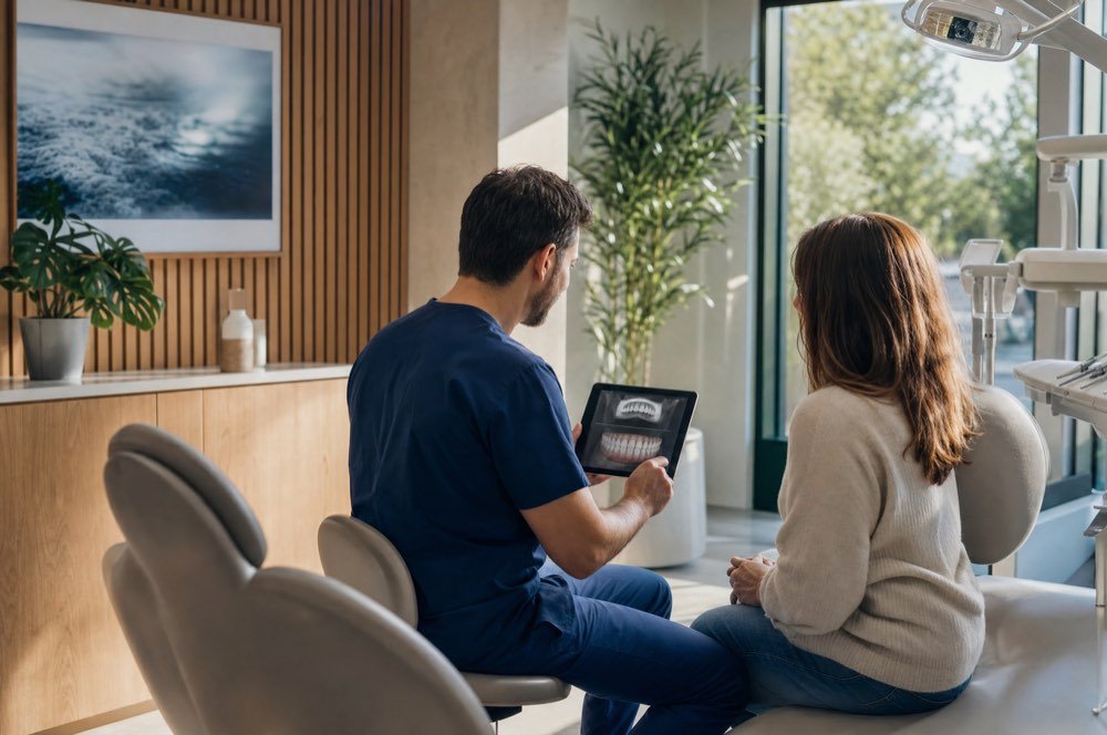 A dentist reviewing a treatment plan with a patient in a bright consulting room
