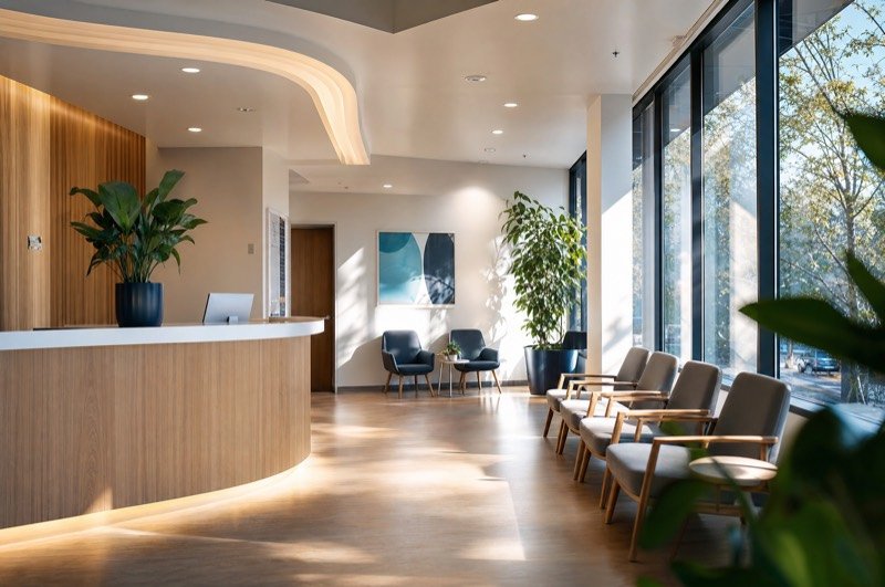 A bright modern dental and medical practice reception, the kind of clinic that relies on local SEO