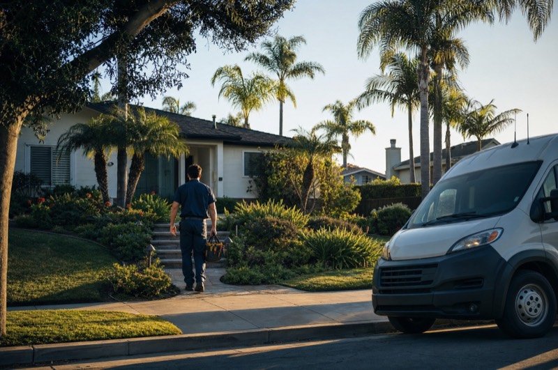 A technician with a toolbag walking up to a suburban house