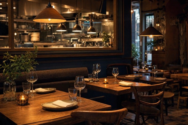 The warm interior of a small neighborhood restaurant