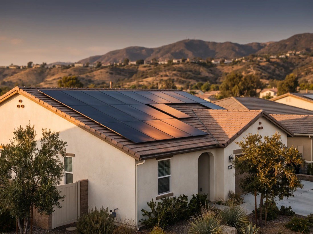 Solar panels on the roof of a Southern California home at golden hour, an industry where SEO must follow LADWP rules